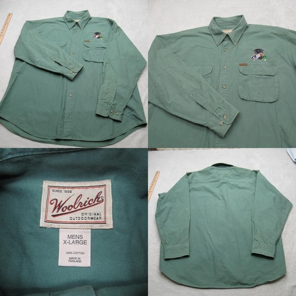 Woolrich Shirt Mens XL Green Cotton Hunting‎ Button Down Long Sleeve Dog Logo - Picture 1 of 14